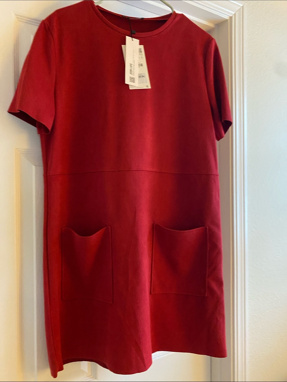 Zara Red Short Sleeve Shift Dress with Front Pockets